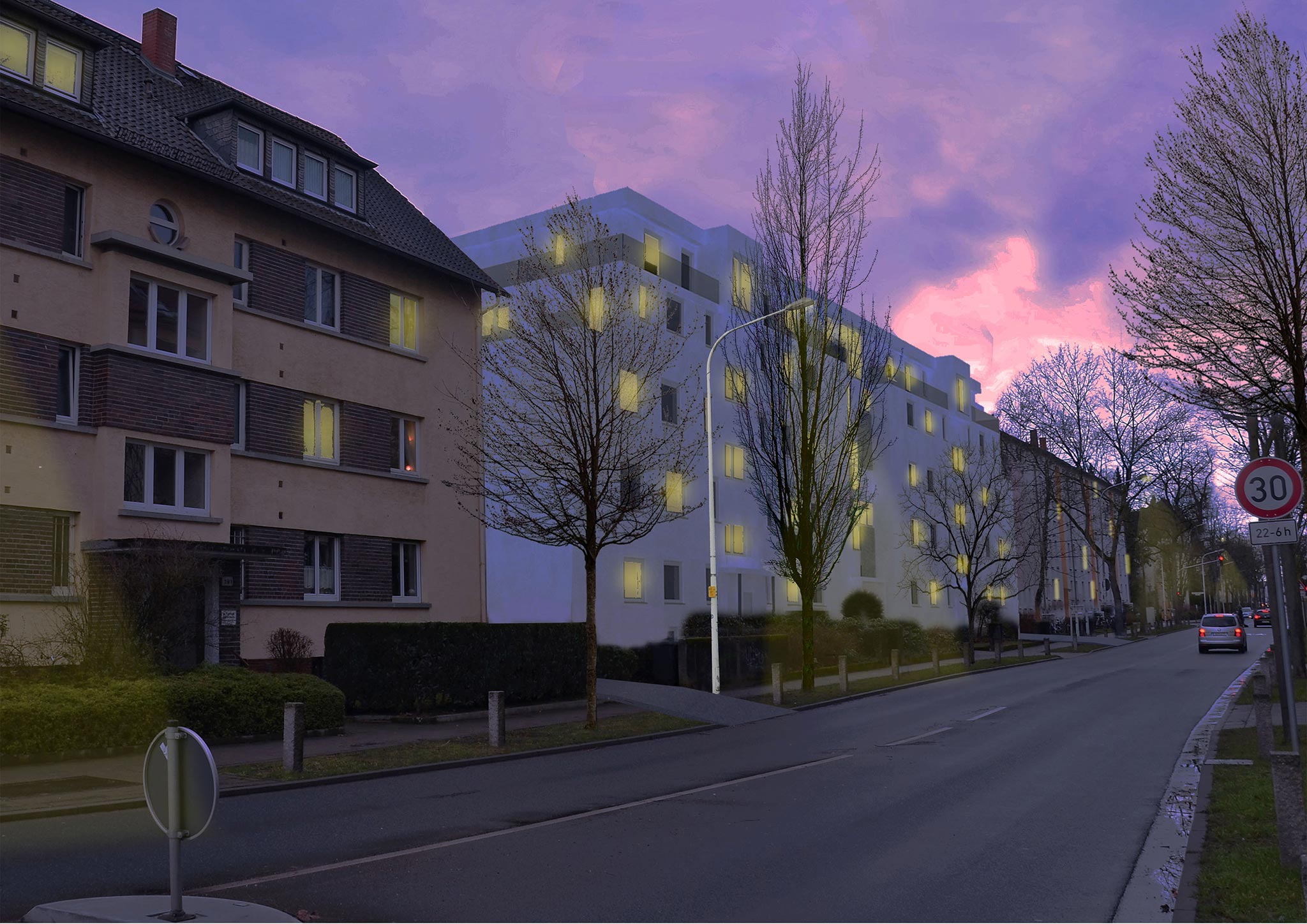 Bild 7: Ansicht Wohn-/Apartmenthaus in der Heinrichstraße am Abend, architektur